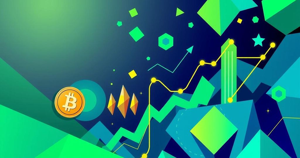 A vibrant abstract representation of cryptocurrency trends, featuring bold geometric shapes in green and blue tones.