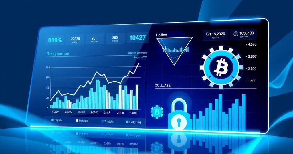 A futuristic trading platform concept with financial graphs, blue tones, and elements representing crypto and regulation.
