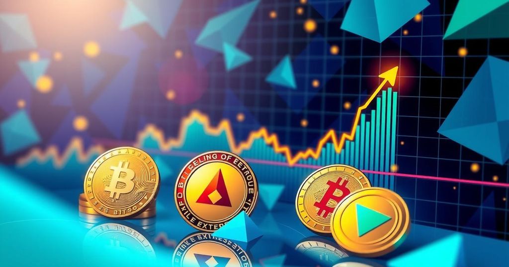 A vibrant cryptocurrency market scene showcasing trading charts and digital coins symbolising Ethereum and BlockDAG.