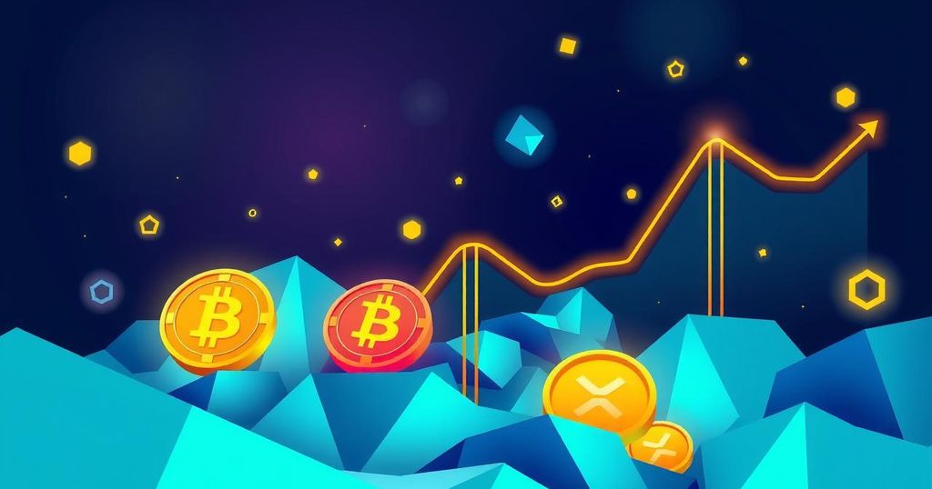 Vibrant digital representation of cryptocurrencies and bullish market trends. Colourful, dynamic graphics with abstract forms.