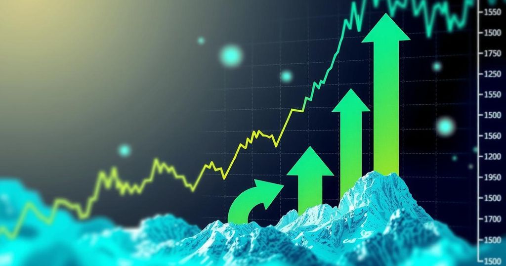 A vibrant cryptocurrency chart depicting a surge in altcoin prices with rising arrows and bold colours.