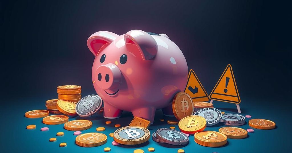 Conceptual illustration of cryptocurrency scams, featuring crypto coins, a broken piggy bank, and warning signs.
