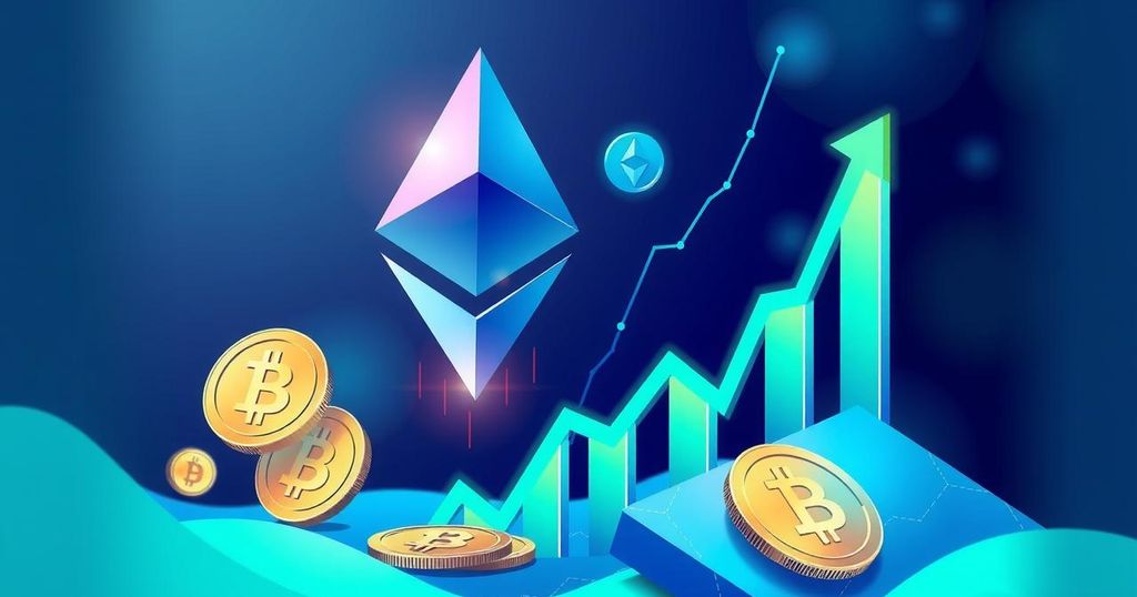 A dynamic illustration of Ethereum's market growth and investment trends, depicting vibrant cryptocurrency symbols and rising graphs.