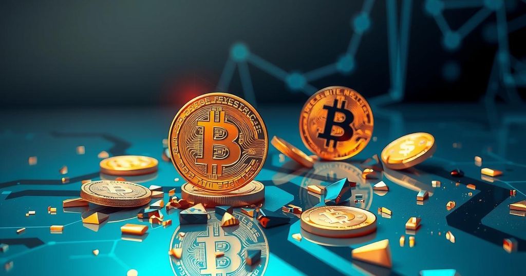 A serene digital landscape showcasing bitcoin symbols amidst fractured altcoin fragments, in a tranquil blue and gold palette.