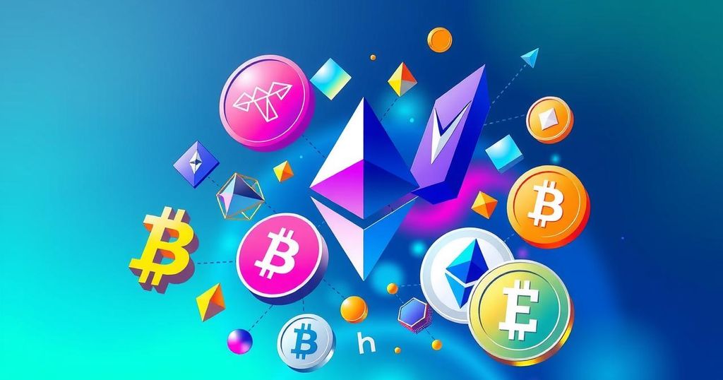 Vibrant cryptocurrency symbols surrounded by Ethereum-themed graphics, showcasing a bullish market trend.