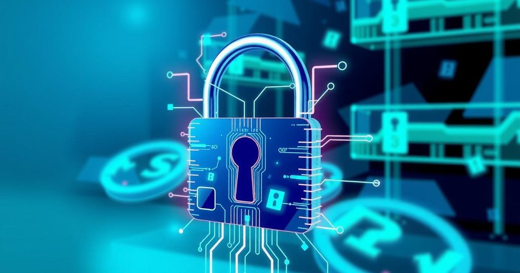 Abstract representation of a digital lock symbolising security in cryptocurrency, with blue and green colour scheme.