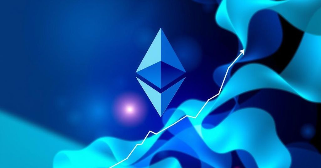 Ethereum logo rising with an upward trend line and graph against a vibrant blue and green abstract background.