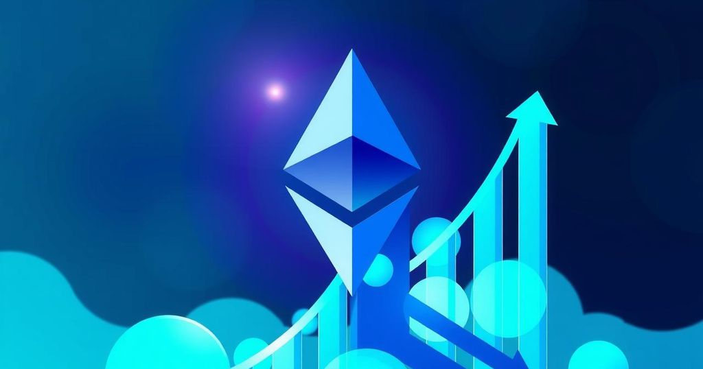 A digital artwork of Ethereum logo with a rising graph in a dynamic blue-green colour scheme.