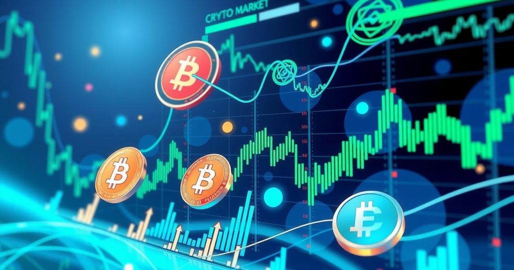 A dynamic crypto market scene showing fluctuating charts and abstract digital currencies in a futuristic space.