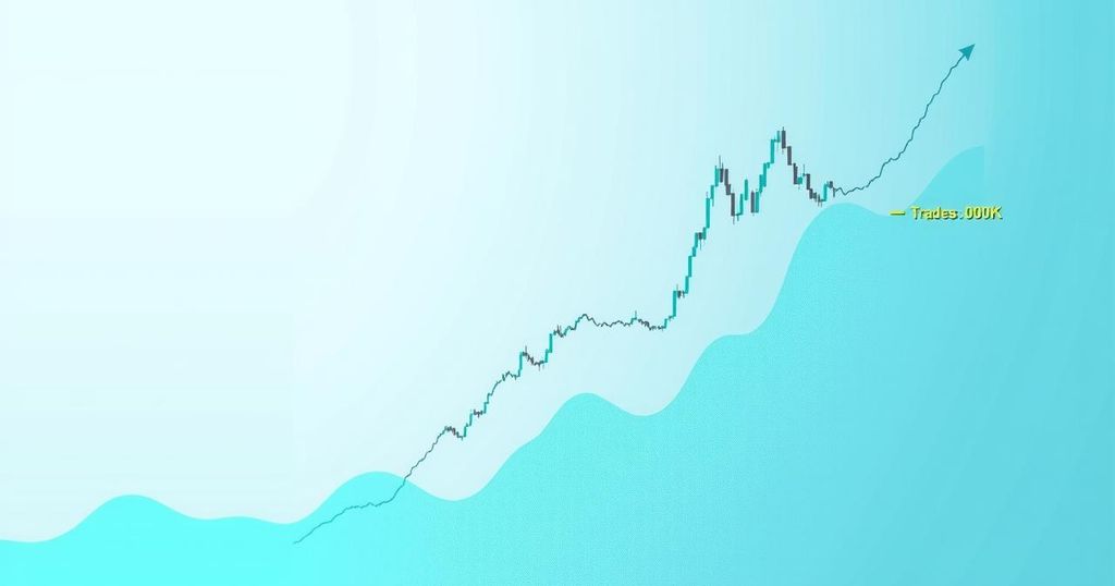 A cryptocurrency trading graph with muted tones, depicting fluctuating price trends without featuring any text.