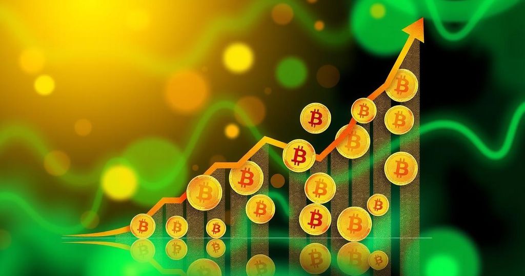A vibrant graph climbing steeply upwards with Bitcoin symbols and bright green and gold colours representing market dynamics.