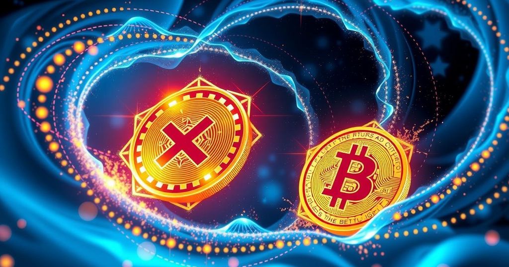 Crypto market surge illustration featuring XRP and Bitcoin, vibrant colours, digital art style, dynamic and energetic vibe.