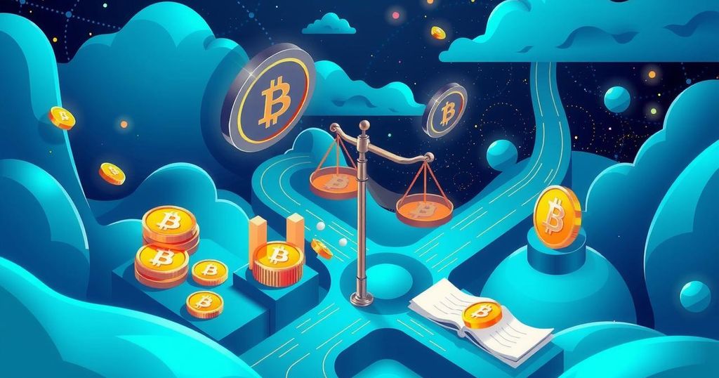 A digital landscape illustrating a crossroads with futuristic crypto symbols and regulatory elements, in vibrant tech colours.