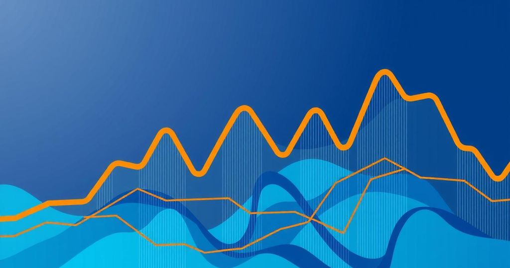 Abstract representation of Bitcoin price volatility with fluctuating graph lines in vibrant colours, portraying financial tension.