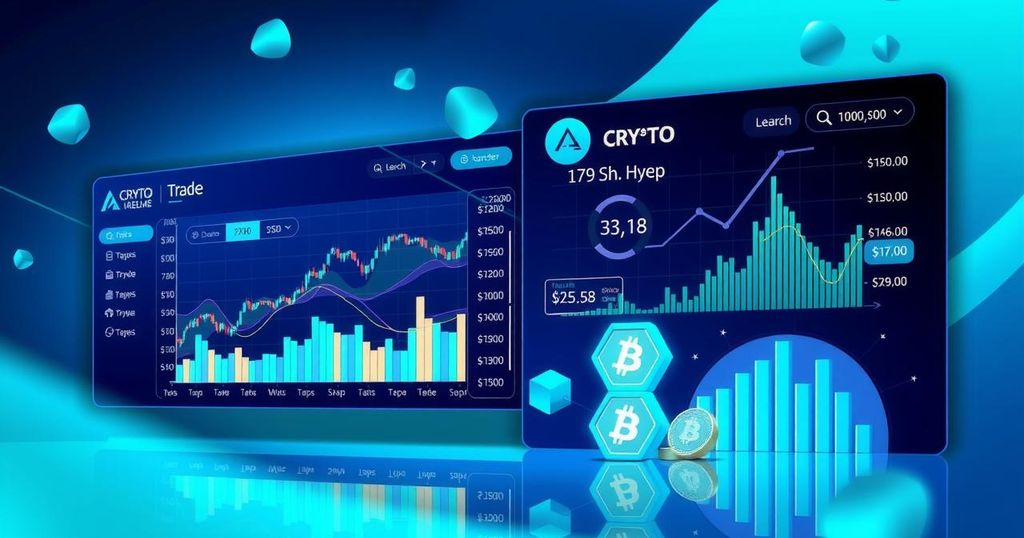 A digital trading platform featuring crypto assets with graphs and charts in a modern interface.