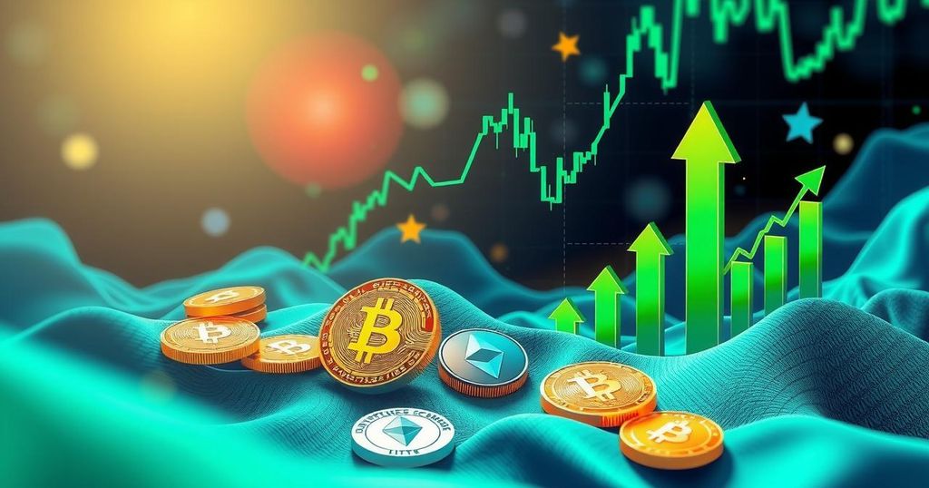 Cryptocurrency market surge with digital coins and charts reflecting growth, showcasing vibrant future prospects.