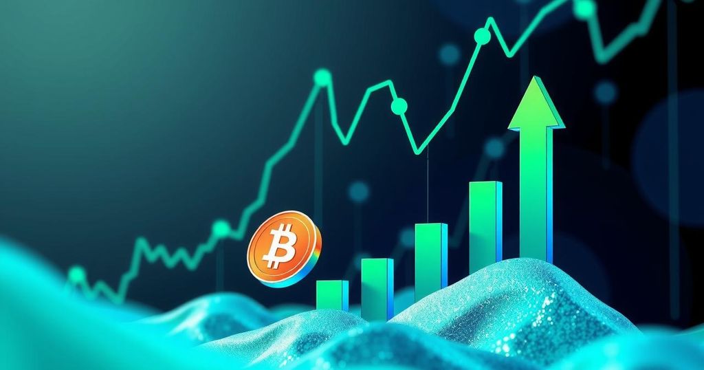 A digital depiction of Ethereum's upward price movement with abstract charts and bullish indicators in bright colours.
