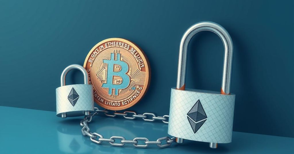 Cryptocurrency symbols with locks and chains, showcasing security concerns in the digital finance world.