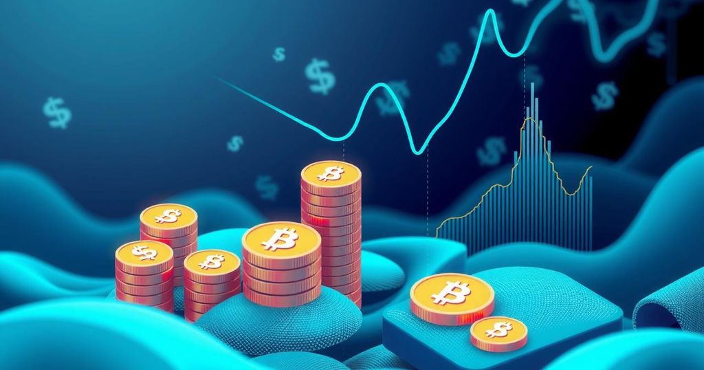 A digital representation of stablecoins with a blockchain design, featuring dollar symbols and dynamic graphs in blue and green tones.