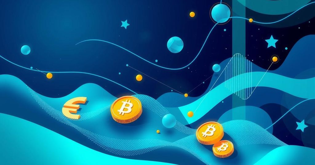 A vibrant digital landscape symbolising cryptocurrency, with currency symbols and abstract geometric shapes in blue and green hues.