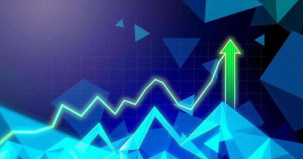 A cryptocurrency market graph showcasing volatility with arrows indicating fluctuations in stock prices, in blue and green hues.