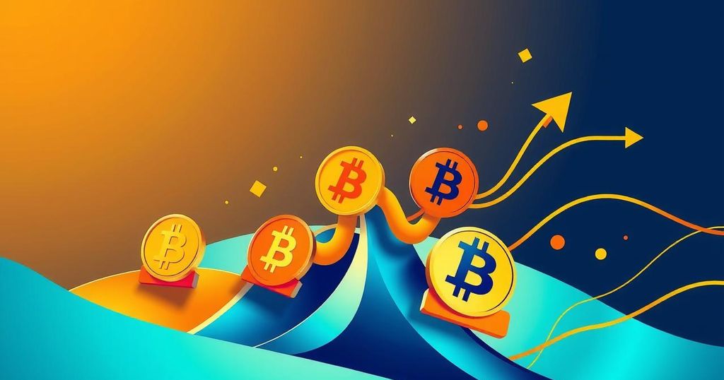 An abstract representation of cryptocurrency growth, showcasing Bitcoin symbols rising with a bright colour palette.