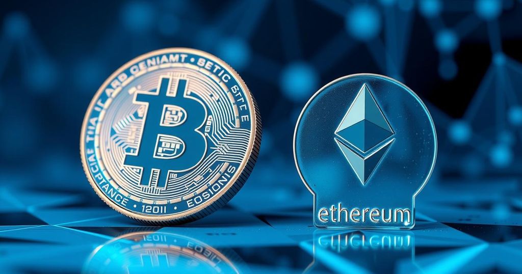 A digital representation of cryptocurrency reserves, featuring Bitcoin and Ethereum symbols, in a modern art style with cool blue tones.