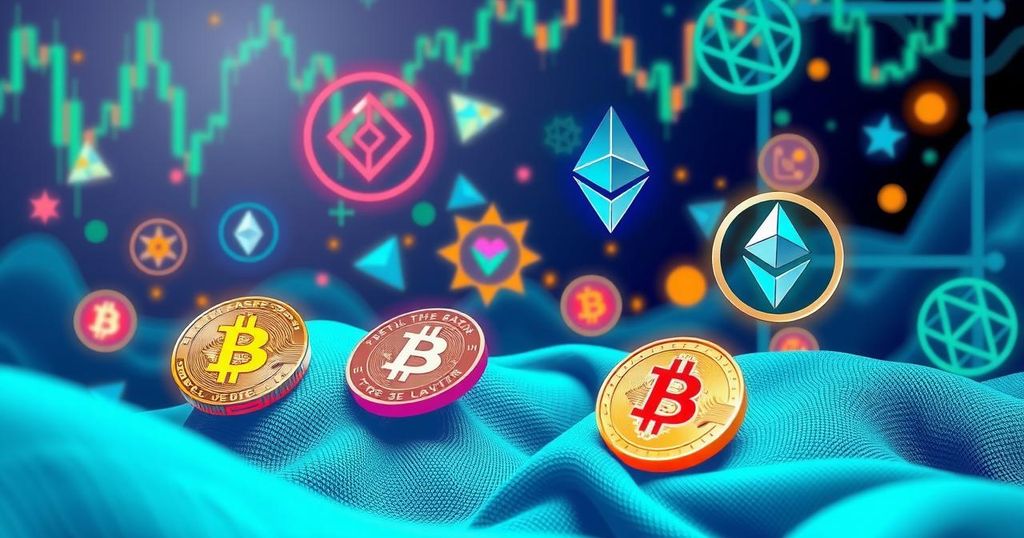 Currency symbols representing major cryptocurrencies in a dynamic digital landscape with vibrant blues and greens.