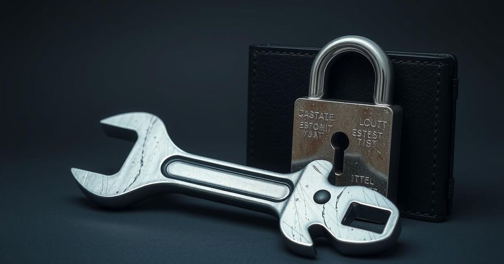 A still-life image of a wrench beside a crypto wallet, illustrating physical and digital security themes.