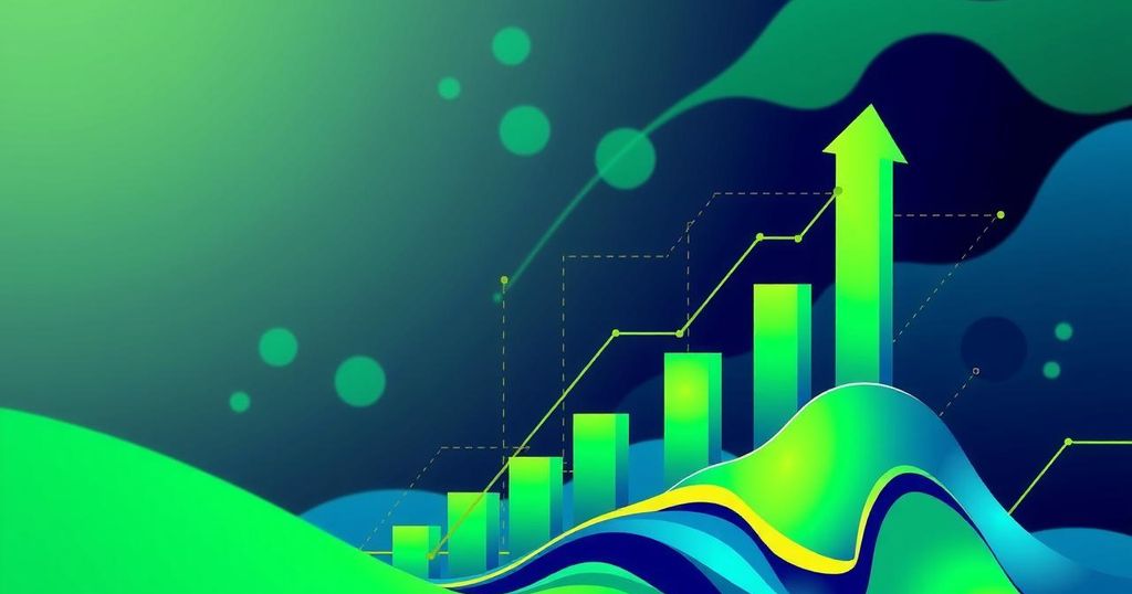 An abstract representation of cryptocurrency market dynamics with vibrant colours, focusing on growth and rising prices.