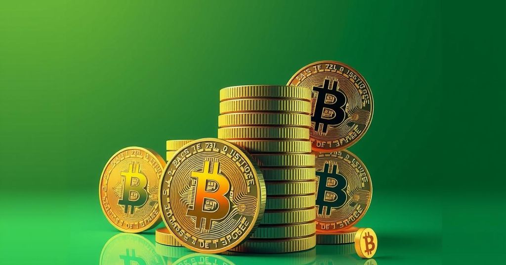 A conceptual representation of rising cryptocurrency demand with Bitcoin symbols against a green gradient background.