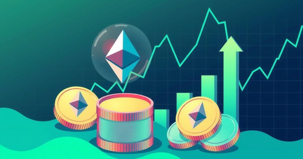 A visual representation of growing Ethereum investments with logos, ETH coins, and upward price trends in green and blue.