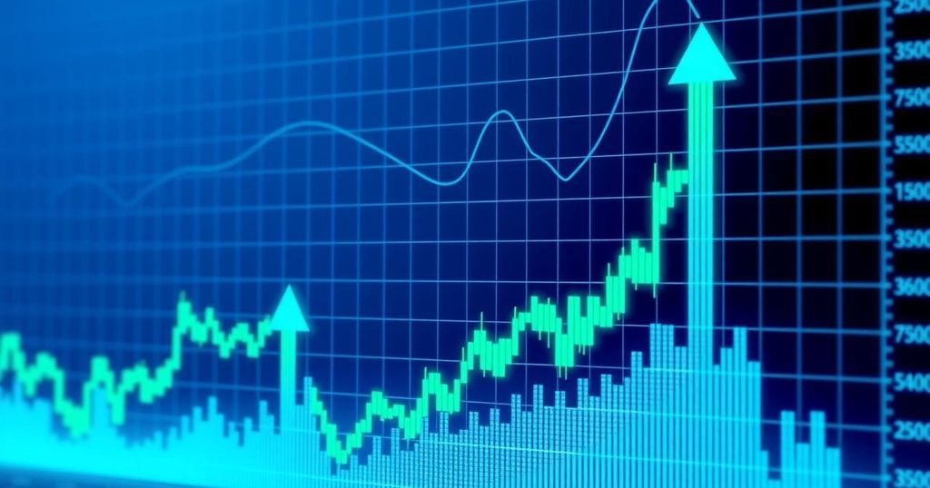 A digital representation of Ethereum's price chart, illustrating upward trends with vibrant blue and green colour schemes.