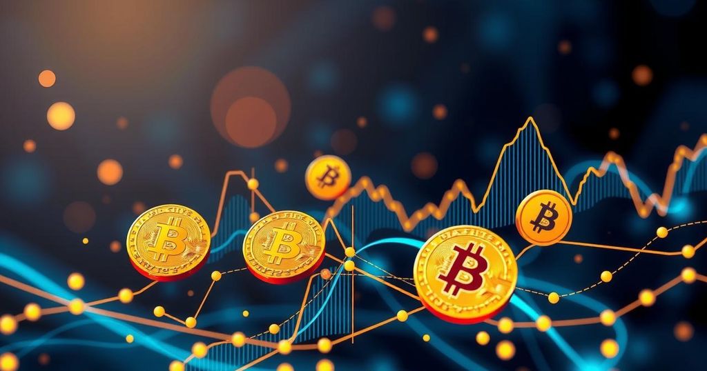 An abstract representation of the Bitcoin treasury landscape, featuring digital coin symbols amid fluctuating graphs.