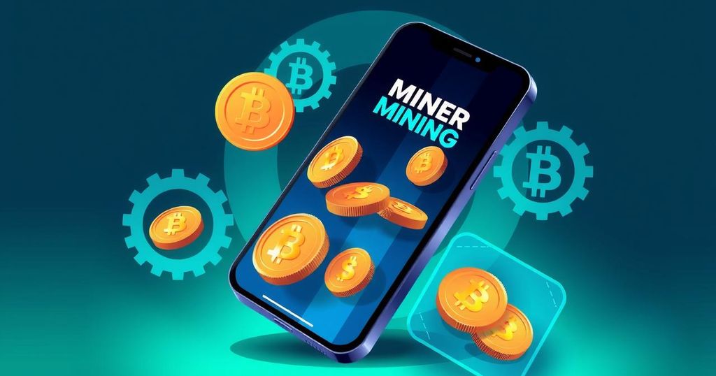 Stylised digital representation of a cryptocurrency mining app with gears and a mobile device, showcasing blockchain technology.