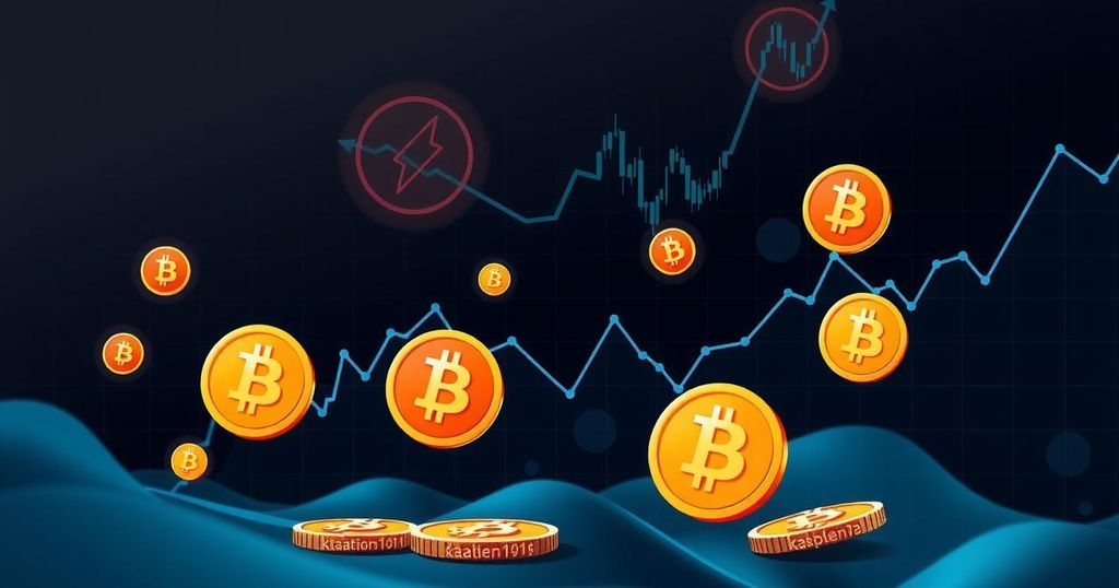 Crypto trading scene depicting a bearish market with Bitcoin symbols, graphs, and dark colour schemes.