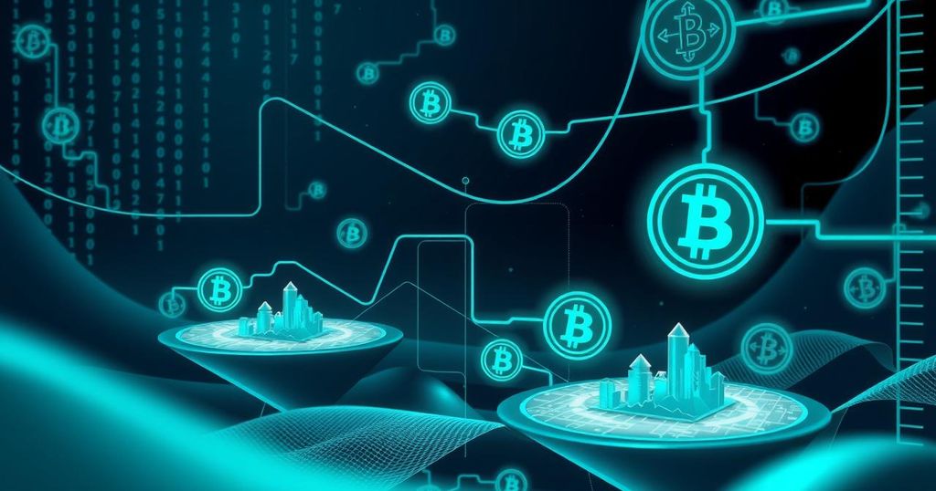 Illustration of a digital world with abstract blockchain symbols and cryptographic elements in a dark blue and green palette.