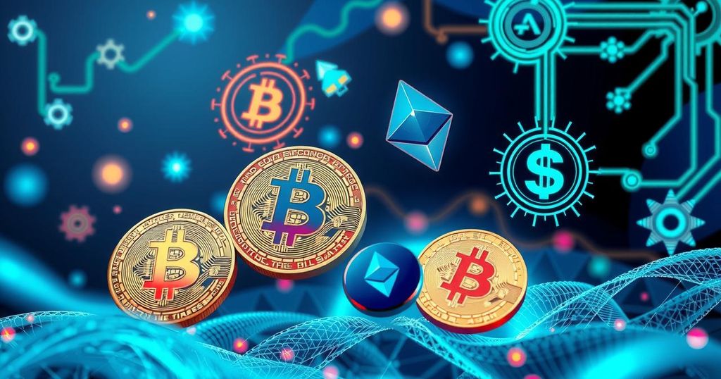 A digital representation of cryptocurrency symbols entwined with AI and energy motifs, in a modern artistic style.