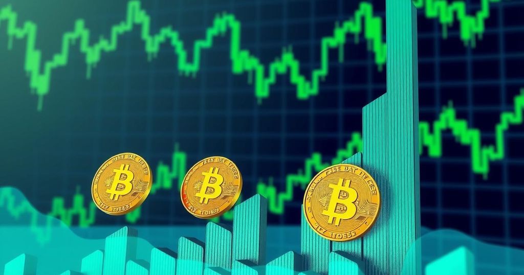 A digital artwork illustrating Bitcoin's ascent with financial charts in vibrant green and blue hues.