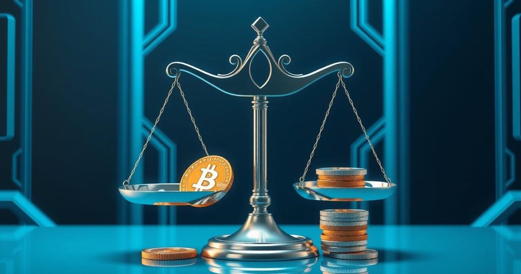 A representation of halted cryptocurrency legislation featuring symbolic elements like scales and coins, in a modern style.