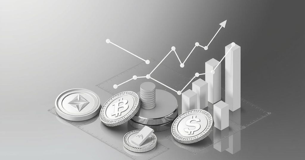 Graphical representation of financial trends with abstract crypto symbols in muted grayscale tones.