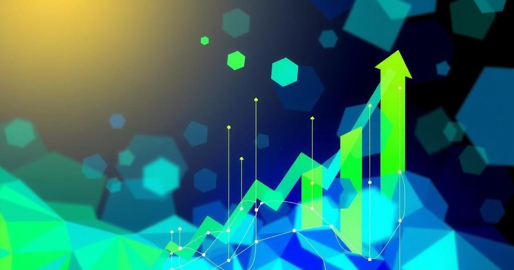 A vibrant digital artwork showing upward price trends in cryptocurrency with colourful abstract patterns symbolising growth.