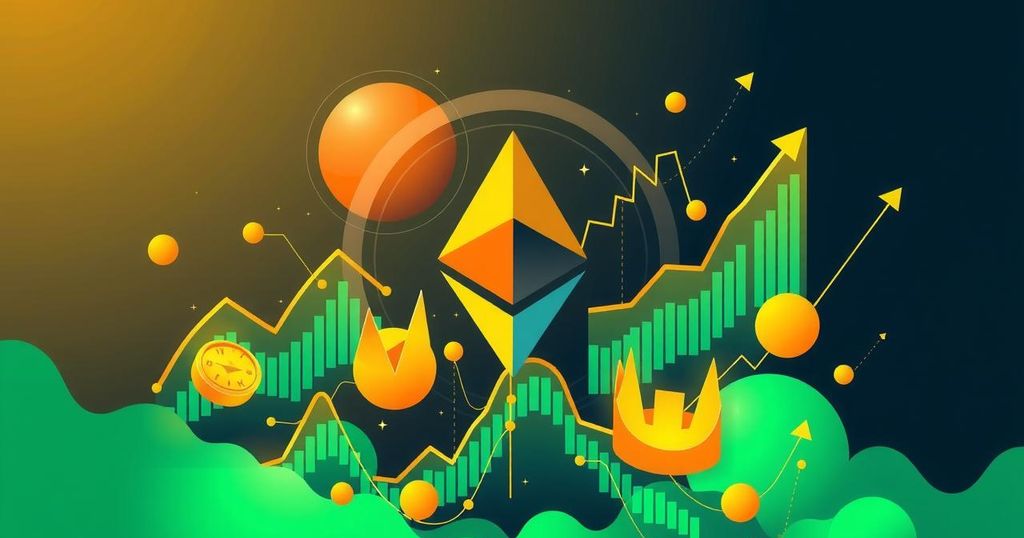 A digital illustration of Ethereum symbol in a vibrant market scene, highlighting bullish momentum with gold shades.