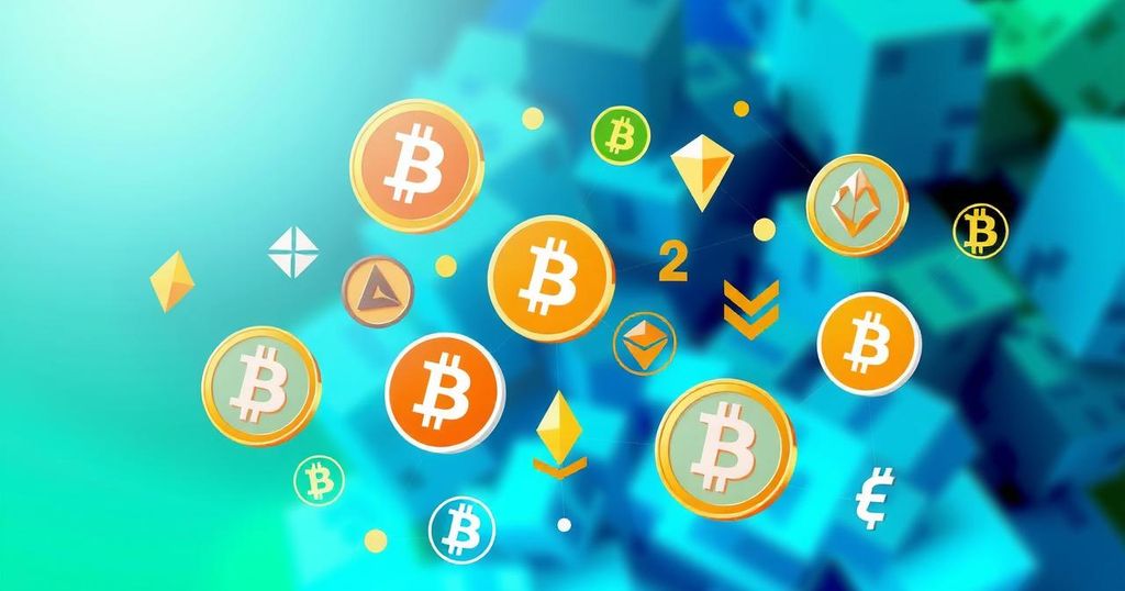 An abstract representation of cryptocurrency symbols with vibrant colours showcasing acceptance and regulation in finance.