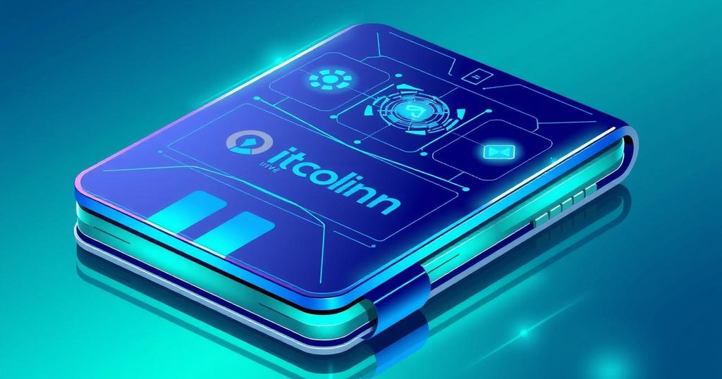 A conceptual design of a futuristic digital wallet, featuring vibrant blue and green tones with decentralization symbols.