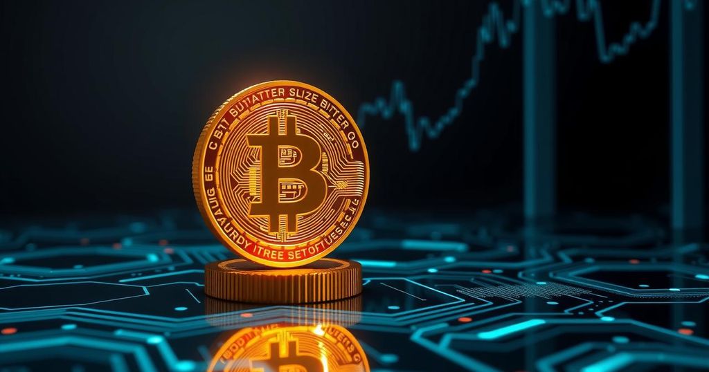 Golden Bitcoin symbol glowing amidst sleek dark technology background, reflecting rising demand and market optimism.