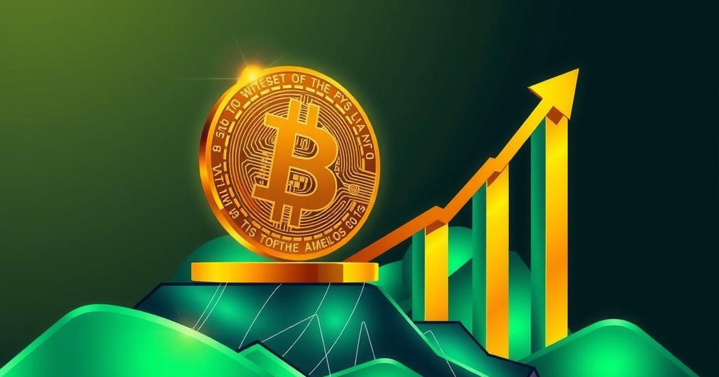 A digital illustration of a soaring Bitcoin symbol with a rising graph, in a bright colour palette with geometric patterns.
