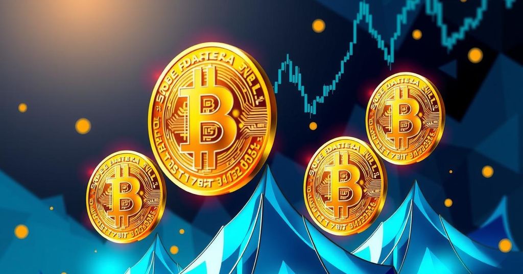 A digital art piece showcasing soaring Bitcoin symbols, with vibrant gold and blue colour schemes, reflecting financial optimism.