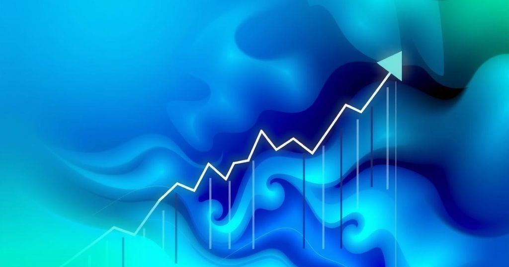 Abstract representation of Ethereum's price surge with a dynamic upward graph and vibrant blue and green colour scheme.