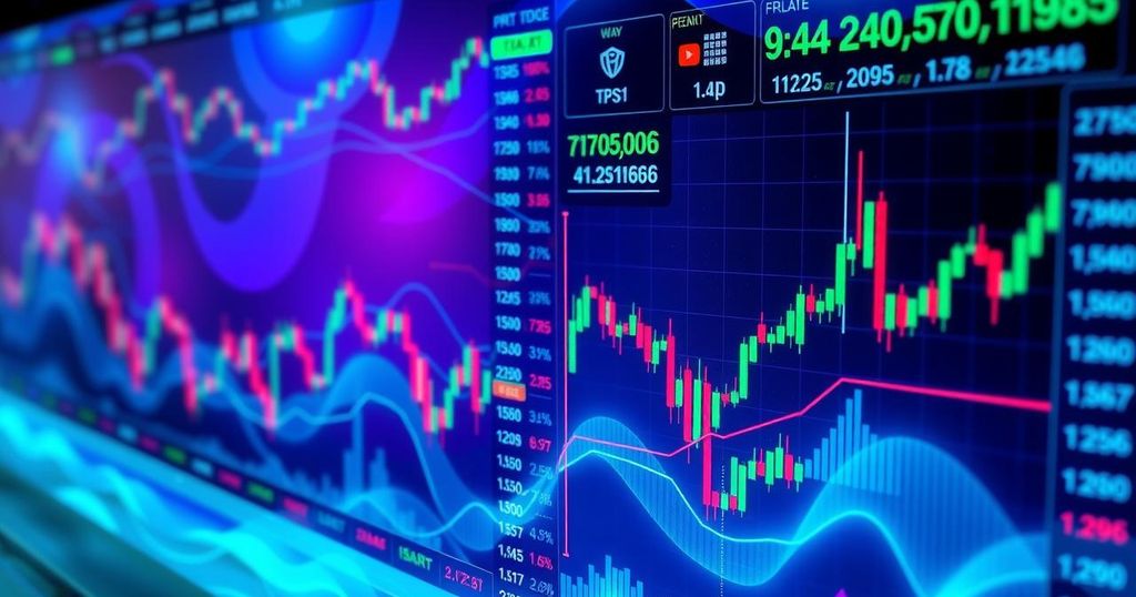 Stock trading screen displaying cryptocurrency data with vibrant colours and dynamic graphics in a modern style.
